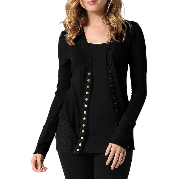 New Solid Color V-Neck Long-Sleeved Button Knit Cardigan