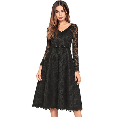 Lace Patchwork Hollow Out Solid V-Neck Sexy Midi Dress