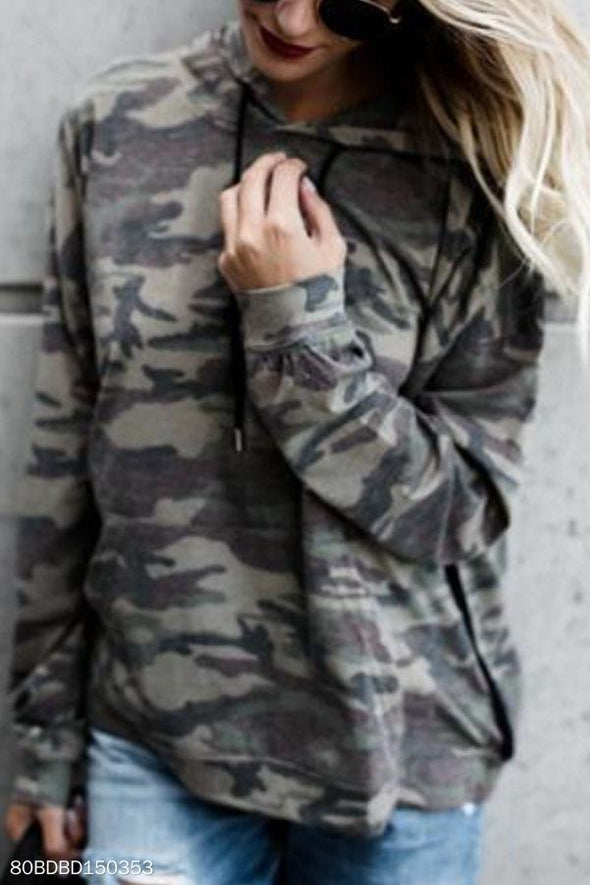 Drawstring Kangaroo Pocket  Camouflage Hoodies