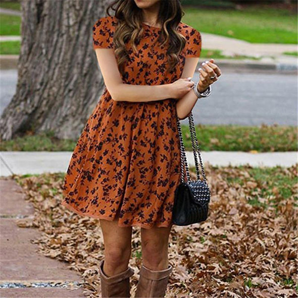 Women's Printed Round Neck Short Sleeve Slim Mini Dresses