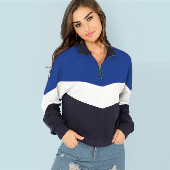 Colorblock Stand Collar Zipper Long Sleeve Sweatshirt