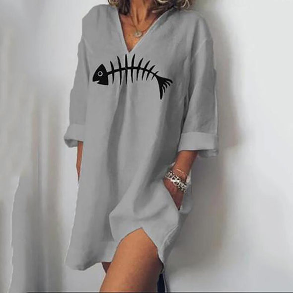 Women's V-Neck Print Loose Cropped Sleeve Dress