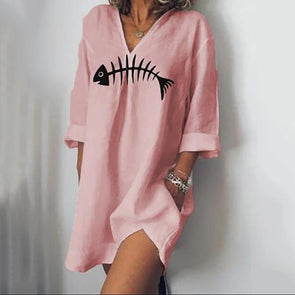 Women's V-Neck Print Loose Cropped Sleeve Dress