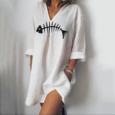 Women's V-Neck Print Loose Cropped Sleeve Dress