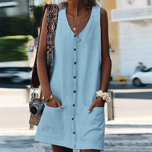 Women's V-Neck Single-Breasted Sleeveless Loose Dresses