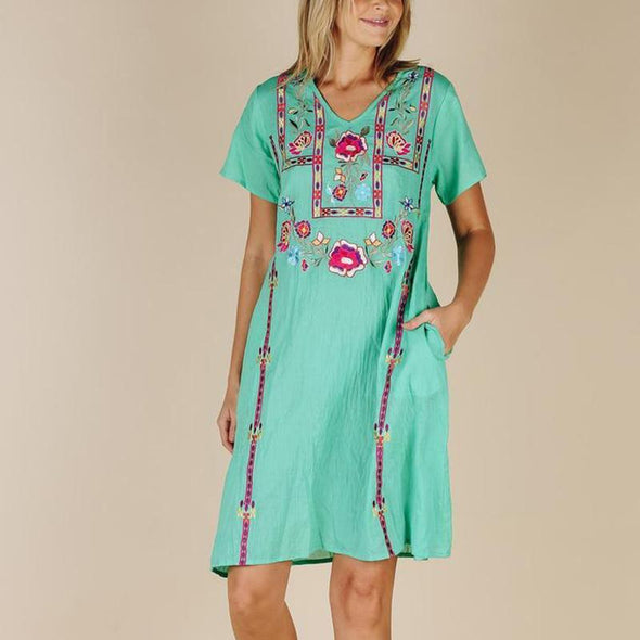 Women's Short Sleeve V-Neck Embroidered Dress