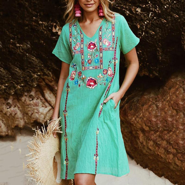 Women's Short Sleeve V-Neck Embroidered Dress