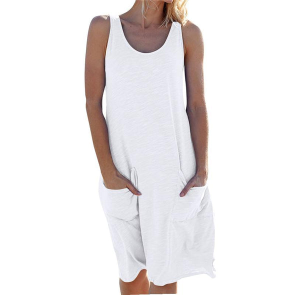 Women's Round Neck Sleeveless Pocket Collage Loose Dresses