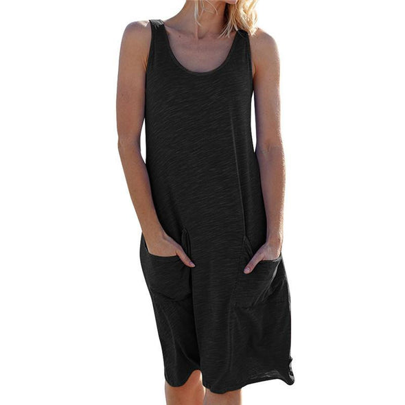 Women's Round Neck Sleeveless Pocket Collage Loose Dresses