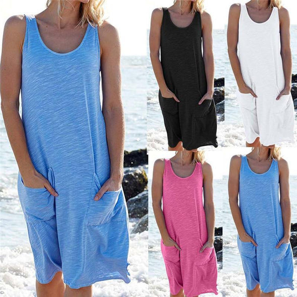 Women's Round Neck Sleeveless Pocket Collage Loose Dresses