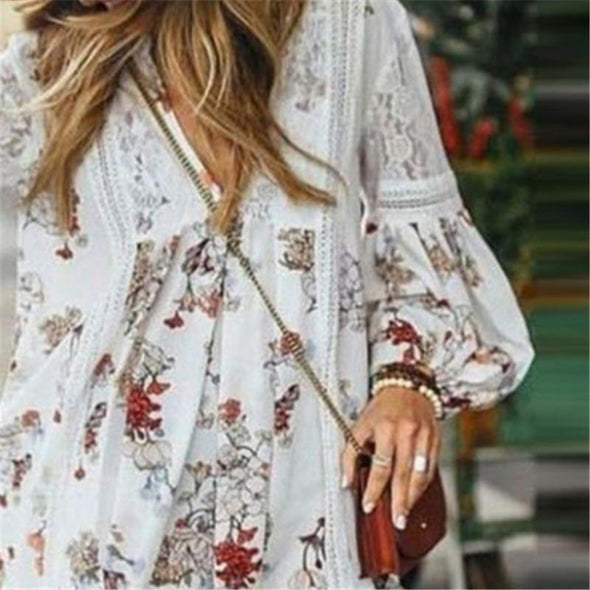 Women's V-Neck Printed Long Sleeve Loose Dresses