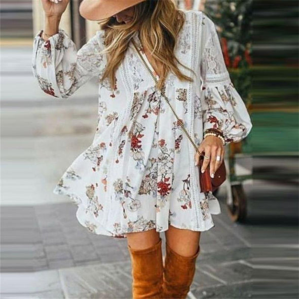 Women's V-Neck Printed Long Sleeve Loose Dresses