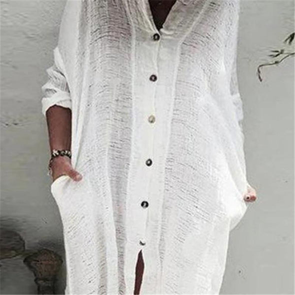 Women's V-Neck Long-Sleeved Solid Color Button Dress