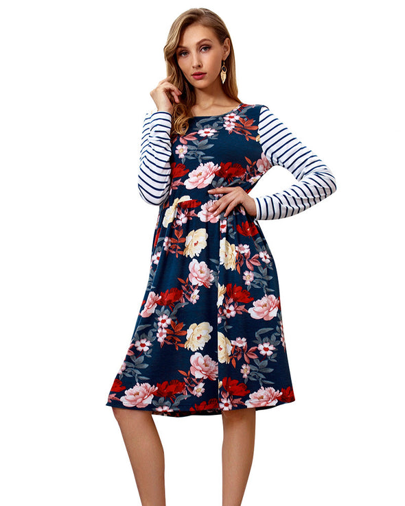 New Printed Long Sleeve Stitching Casual Dress