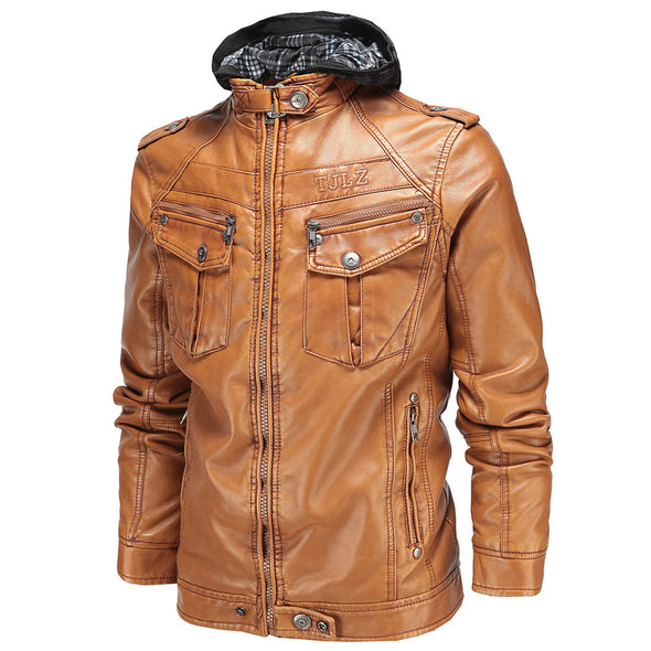 Velvet Warm Classic Detachable Hooded Leather Men's Jacket