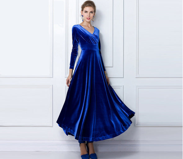 Elegant Long Sleeve V-Neck Velvet Maxi Dress