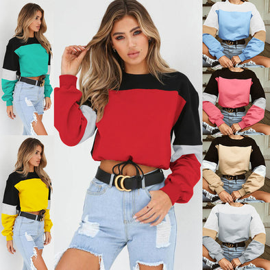 Fashion O-Neck Color Stitching Bandage Cotton Sweatshirt