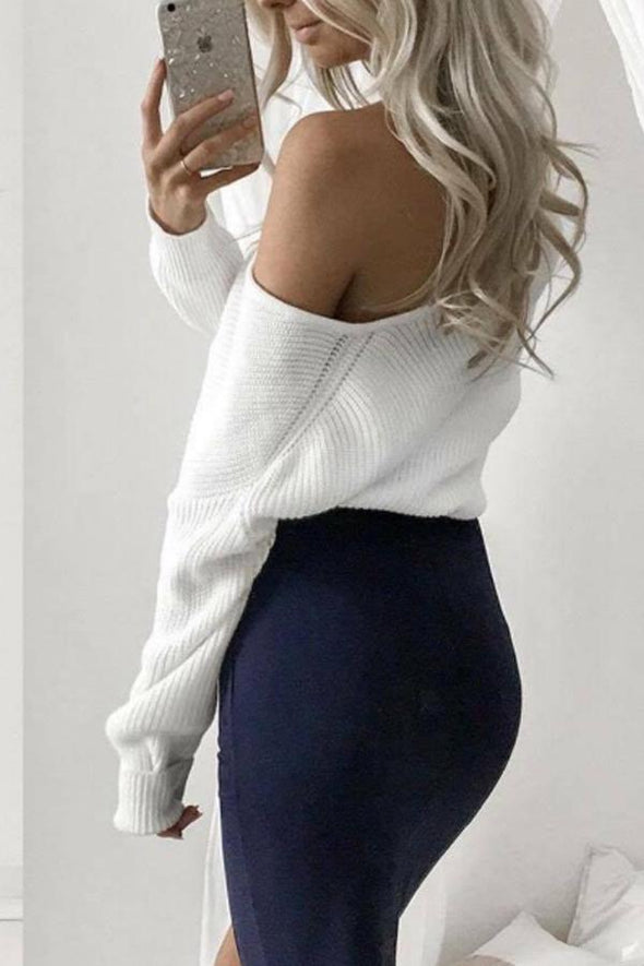 Asymmetric Neck  Asymmetric Hem  Plain Sweaters