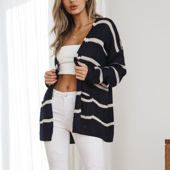 Double pocket Stripe Medium Style Cardigan