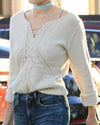 Lace-Up V-Neck Openwork Knit Sweater