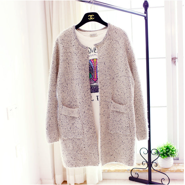 Pure Color Long Sleeve Round Neck Loose Cardigan Outwear