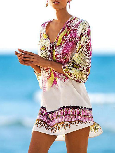 Bandage Print V neck 3/4 Sleeve Mini Vacation Dresses