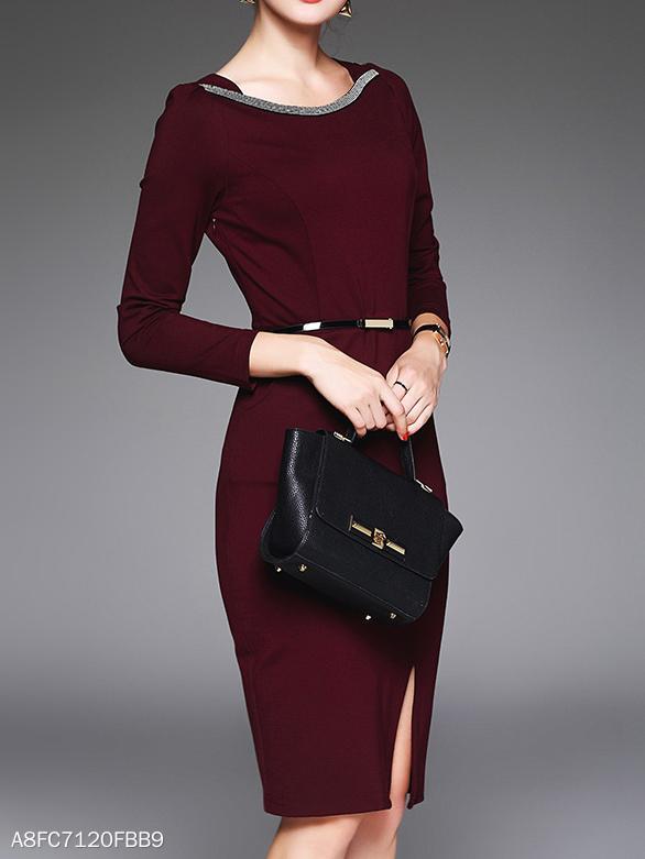 Fashion Solid O-Neck long Sleeve Bodycon Dress