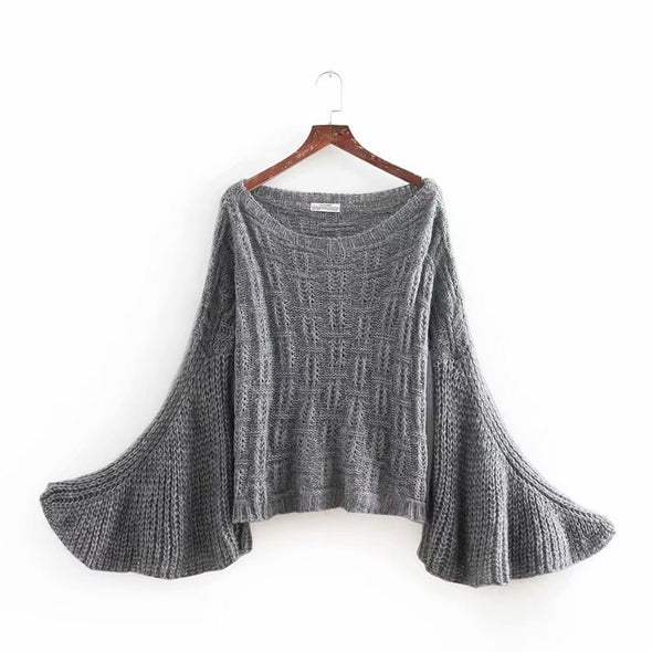 Fashion Solid Slash Neck Flare Sleeve Knitting Sweater