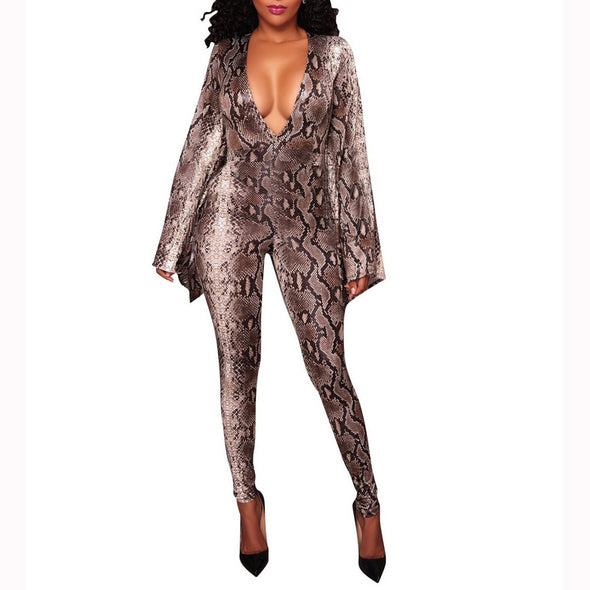 V-Neck Long Sleeve Snakeskin Jumpsuit