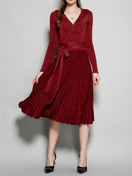 Women's New V-Neck Long Sleeve Knit Silk Pleated Dress