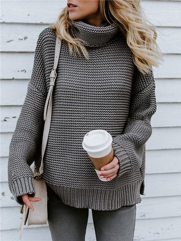 Thick Line Long Sleeve High Neck Pullover Knit Sweater