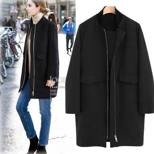 Simple Slim Pure Color Long Sleeve Woolen Coat