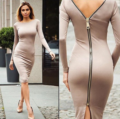 Sexy Slim Zipper Long Sleeve Bodycon Dress