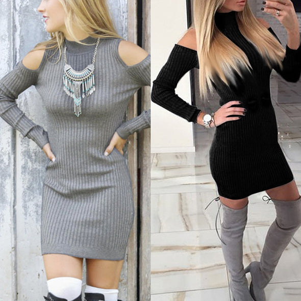 Fashion Solid Turtleneck Off Shoulder Cotton Bodycon Dress