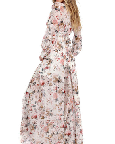 Printed Long-Sleeved V-Neck Evening Dress