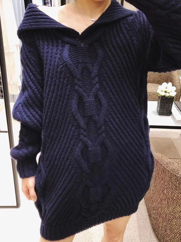 Lapel Navy-blue Long Sleeves Sweater Tops