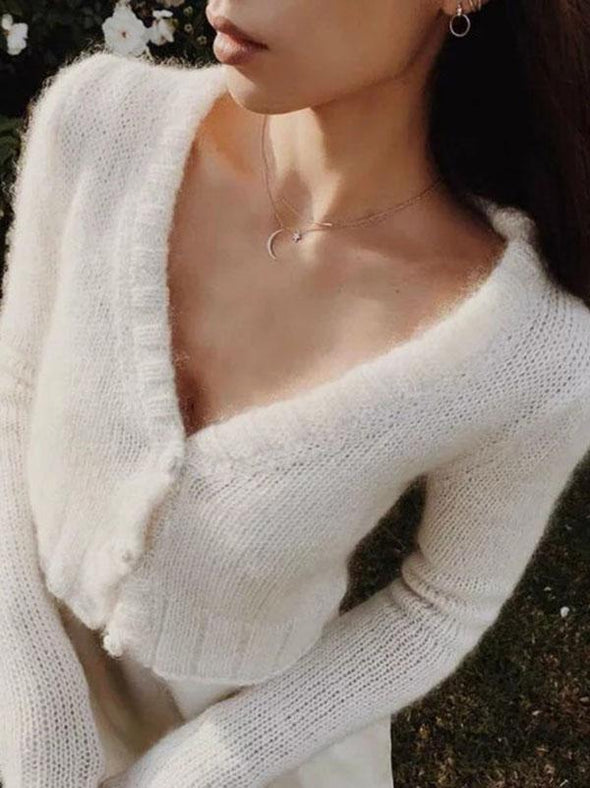 Knitting Solid Color Long Sleeves V-Neck Sweatshirts