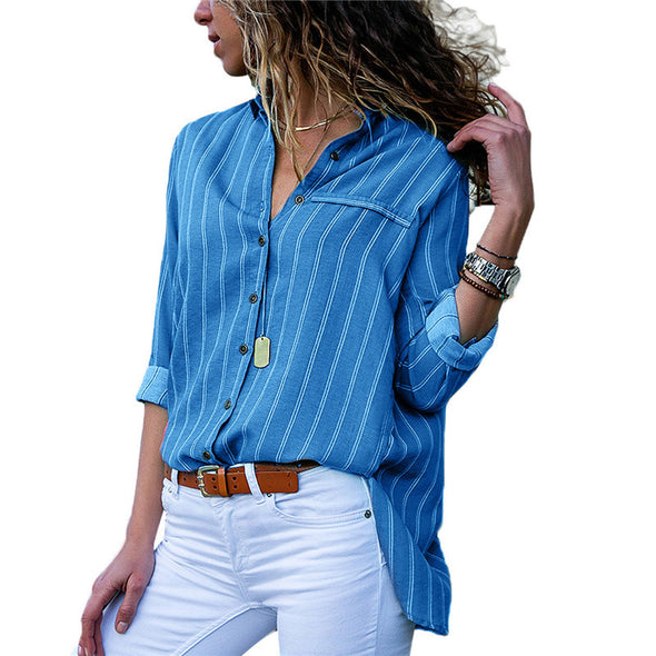 Women's Print Striped Long Sleeve V-Neck Shirt