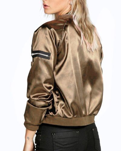 Solid Color Fashion Zipper Lapel Jacket