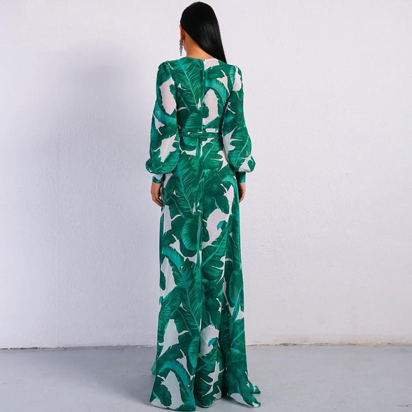 Summer Deep V Two Split Print Beach Dress Kafftan Long Sleeve Ruffle Seaside Maxi Dress