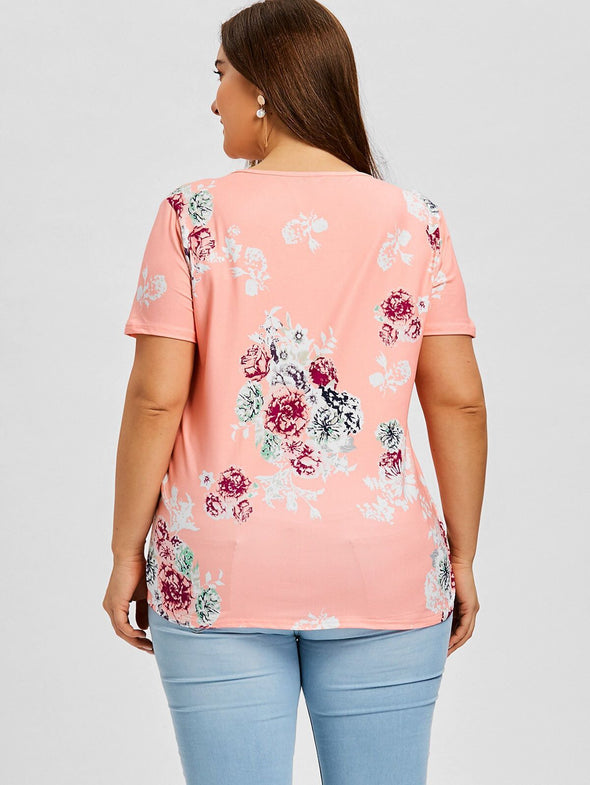 Casual Print Short Sleeve V neck Plus Size Tops