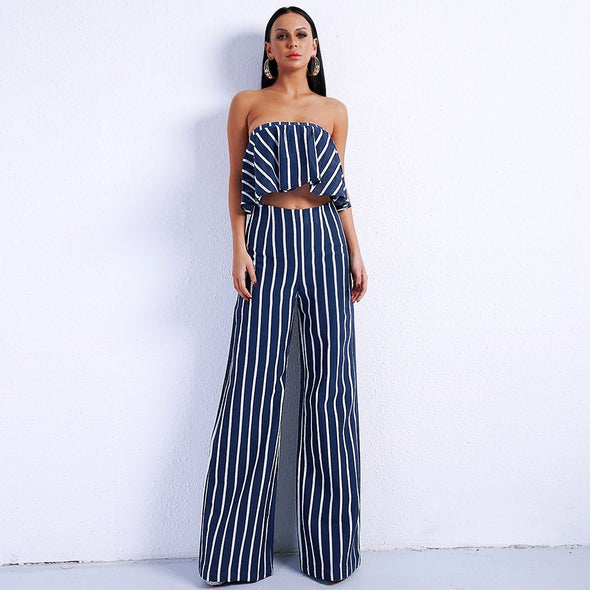 Women's two-piece striped tube top + straight pants suit