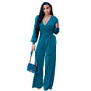 Casual Long Sleeve Solid Color V-neck Jumpsuits