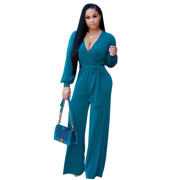 Casual Long Sleeve Solid Color V-neck Jumpsuits