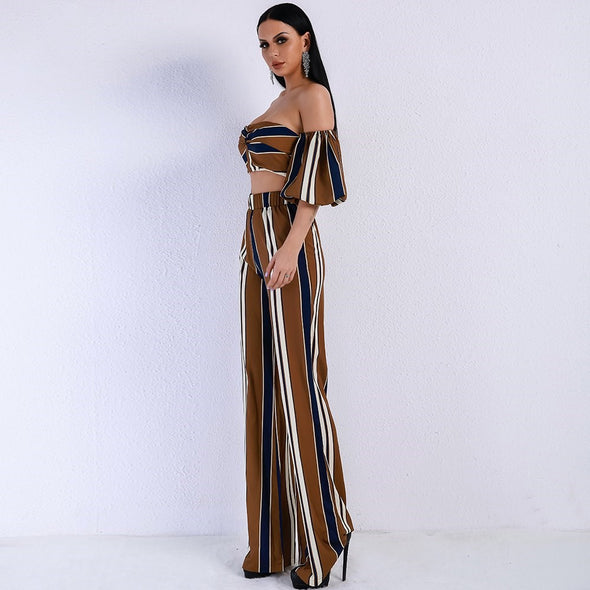 New suit female tube top puff sleeves + striped straight pants