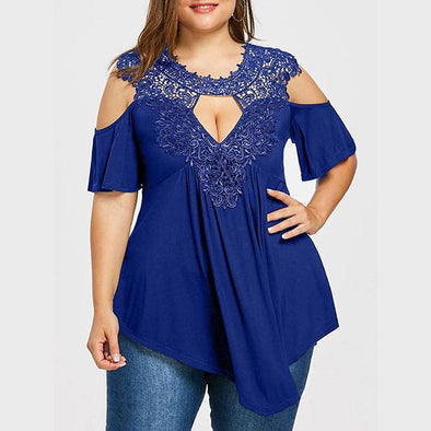 Casual Short Sleeve cold shoulder round neck openwork Plus Size Tops