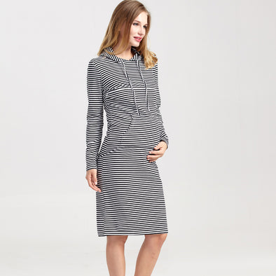 Breastfeeding Nursing Dress hooded striped Maternity Dress