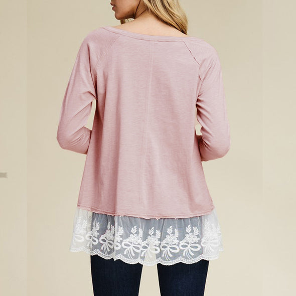 Women's 0-neck stitching lace long T-shirt