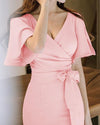 Fashion V-Neck Bandage Ruffle Sleeve Bodycon Dress