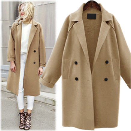 Fashion Pure Color Long Sleeve Lapel Woolen Coat